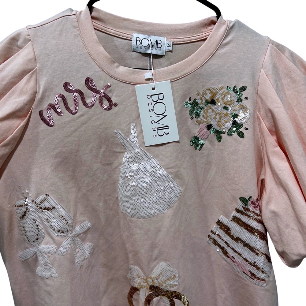 BOMB Designs Pink Sequin Bridal Mrs Puff Sleeve T-Shirt Wedding Bachelorette M - Picture 3 of 5